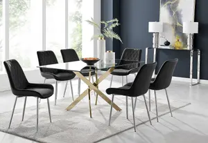 Furniturebox UK Leonardo 6 Gold Dining Table and 6 Black Pesaro Silver Leg Chairs