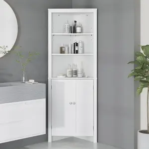 kleankin Corner Bathroom Cabinet, Double Doors and Adjustable Shelves, White