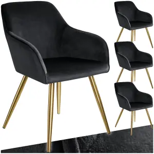 Chair Marilyn - with armrests, padded, velvet look, golden steel legs - black/gold