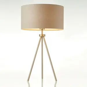 Modern Tripod Table Lamp Nickel & Grey Shade Slim Metal Leg Bedside Desk Light