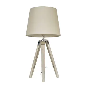 ValueLights Clipper Modern Distressed Wood and Silver Chrome Tripod Table Lamp with Beige Light Shade