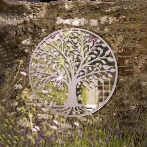 Tree of Life Outdoor Garden Wall Mirror - Grey Distressed Decor with Robin Birds Makes a Great Memorial