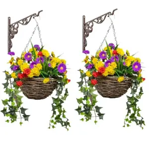 Pair of Artificial Wildflower Flowers Rattan Hanging Basket Decoration Purple Yellow and Orange 25cm