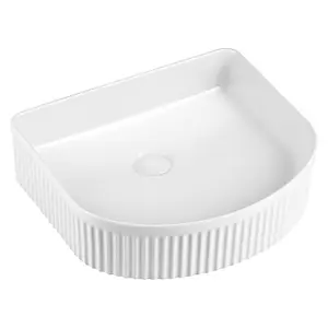 Zola Gloss White Ceramic D-Shape Ribbed Counter Top Basin (W)410x(D)360mm