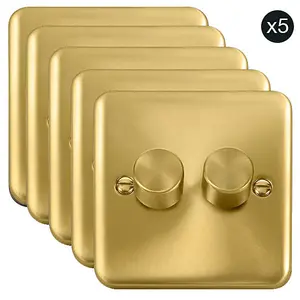 5 PACK - Curved Satin / Brushed Brass 2 Gang 2 Way LED 100W Trailing Edge Dimmer Light Switch - SE Home