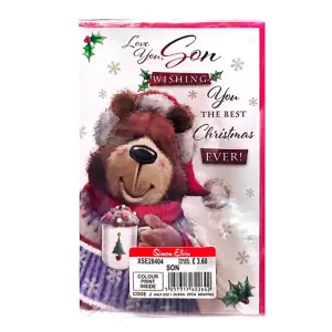 Simon Elvin Love You Son Teddy Bear Christmas Card (Pack of 6) White/Multicoloured (One Size)