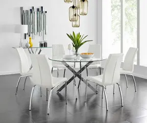 Furniturebox UK Novara Chrome Metal And Glass Large Round Dining Table And 6 White Isco Chairs Set