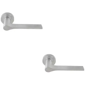 2 PACK - Contemporary Flat Door Handle Set - Satin Chrome Sleek Lever on Round Rose