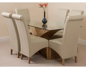 Valencia 160 cm x 90 cm Glass Dining Table and 6 Chairs Dining Set with Montana Ivory Leather Chairs