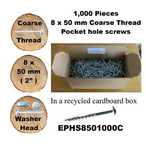 Pocket Hole Screws for Softwoods, 50mm Long, Pack of 1,000, Coarse Self-Cutting Threaded Square Drive, EPHS8501000C