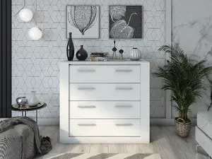 Idea 10 Contemporary Chest Of Drawers Silver Handles 4 Drawers White (H)910mm (W)1000mm (D)420mm