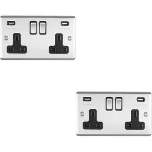 2 PACK 2 Gang Single UK Plug Socket & 2.1A USB SATIN STEEL & Black 13A Switched