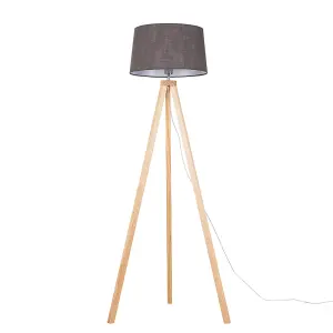 ValueLights Barbro Modern Light Wood Tripod Design Floor Lamp with Grey Tapered Shade - Includes 6w LED GLS Bulb 3000K Warm White