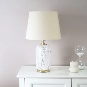 ValueLights India Gold Metal and White Confetti Glass Table Lamp with Beige Tapered Lampshade