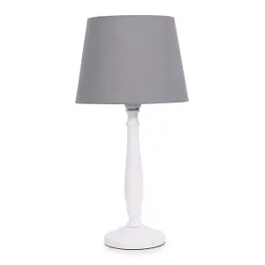 ValueLights Victoria Traditional White Wood Candlestick Table Lamp with Grey Tapered Shade