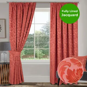 Home Curtains Buckingham Damask Fully Lined 65w x 72d" (165x183cm) Terracotta Pencil Pleat Curtains (PAIR)