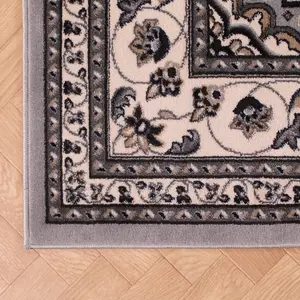 Grey Traditional Bordered Floral Rug Easy to clean Dining Room-160cm X 230cm