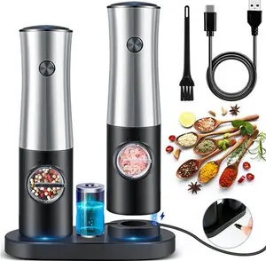 Electric Salt And Pepper Grinder Set With Base, USB Rechargeable Stainless Steel Pepper Mill, One-Handed Automatic Operation, Adjustable Coarseness,