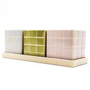 Set of 3 Cool Pastel Tile Design Ceramic Planters with Tray