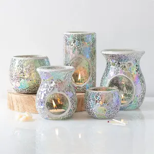 Blue Iridescent Glass Pillar Shaped Oil, Wax Melt Burner. Mirrored Crackle Effect. H14.5 cm