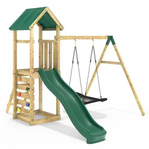 Rebo Adventure Wooden Climbing Frame, Swing Set and Slide - Elbrus Green