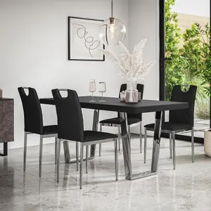 Aria Dining Table And Chairs -  Black Table Top w Chrome Legs + Monza Faux Leather Dining Chair w Chrome Legs Set Of 6 (Black)