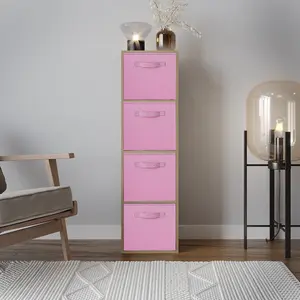 URBNLIVING 106cm Height Distressed Wood 4-Tier Cube Shelving Unit with Light Pink Inserts