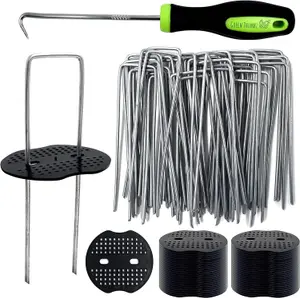 6 Inch Galvanized Weed Membrane Pegs with Buffer Washers - 50 Pack Rustproof Metal Garden Staples for Membranes & Netting