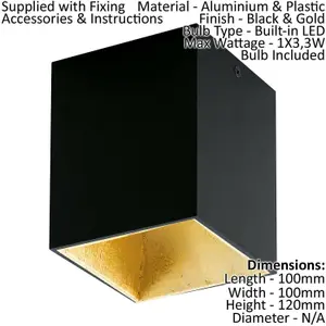 Wall / Ceiling Light Black & Gold Square Downlight 3.3W Built in LED