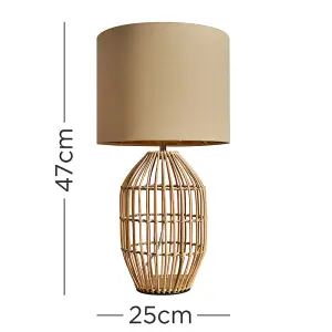 ValueLights Hollins Contemporary Natural Rattan Cylinder Table Lamp with Beige Gold Cylinder Shade