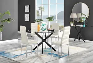 Furniturebox UK Novara Black Leg 120cm Round Glass Dining Table & 4 Cream Velvet Milan Chairs