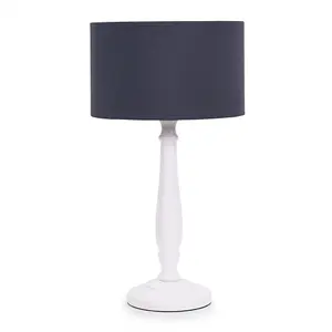 ValueLights Victoria Traditional White Wood Candlestick Table Lamp with Navy Blue Drum Shade