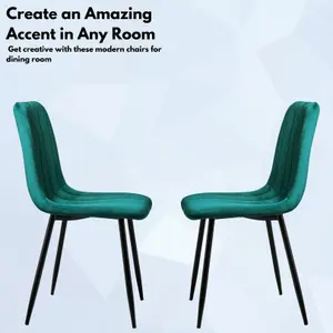 Set of 2 Green Dining Chairs (87x49.5x58.5cm) Cushioned Pad Seat & Solid Metal Black Legs - Velvet Upholstered Living Room Chairs