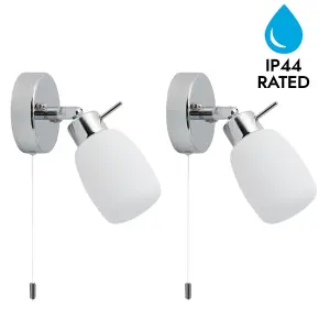 First Choice Lighting Set of 2 Brom Chrome Opal Glass IP44 Pull Cord Bathroom Wall Spotlights