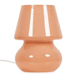 ValueLights Beau Pin Stripe Peach Glass Table Lamp with Tapered Lampshade Bedside Light - Bulb Included