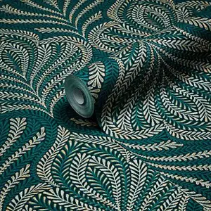 GoodHome Danbu Dark teal Metallic effect Ornamental Textured Wallpaper Sample