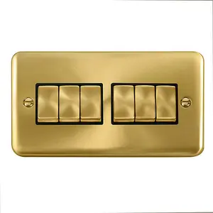 Curved Satin / Brushed Brass 10A 6 Gang 2 Way Ingot Light Switch - Black Trim - SE Home