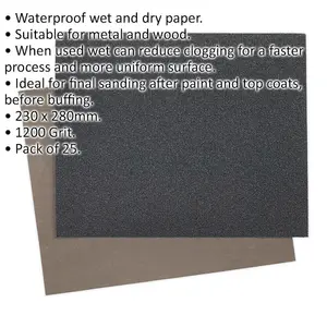 25 PACK Wet & Dry Abrasive Sand Paper - 230 x 280mm - 1200 Grit - Waterproof