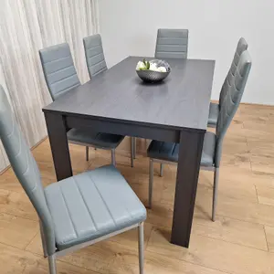 Dining Table and 6 Chairs  Black Dark Grey 6 Grey Leather Chairs Wood Dining Set Furniture