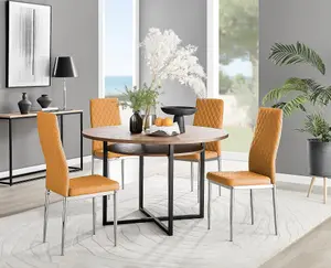 Adley Brown Wood Effect And Black Round Dining Table with Storage Shelf and 4 Mustard and Silver Milan Modern Faux Leather Chairs