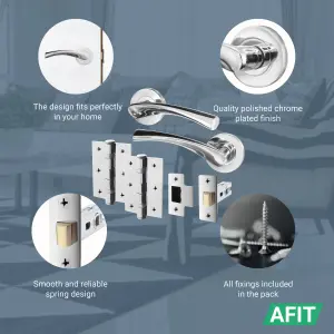 AFIT Chrome Door Handle Latch Set Round Door Handles, Latch 66mm, Hinges 76mm Pack of 6 - Novi Range