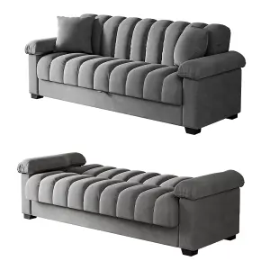 Grey 3 Seat Sofa Bed Velvet Upholstered Couch Sofabed Convertible Sleeper