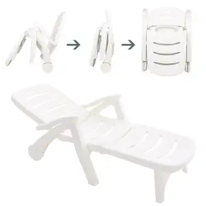 White Outdoor Plastic Foldable Garden Poolside Lounger Chair Adjustable Chaise Lounge Recliner with Wheels