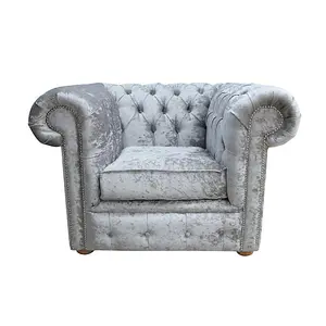 Chesterfield Low Back Club Chair Shimmer Silver Real Velvet Fabric In Classic Style