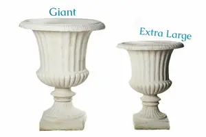 Pair of Giant Flute White Stone Garden Vases on Plinths