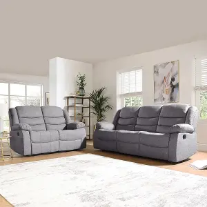 Sorrento Grey Fabric Sofa Suite Manual Reclining Sofa Set 3 + 2 Seater Sofas With Drinks Tray High Back