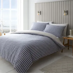 Catherine Lansfield Bedding Textured Banded Stripe Duvet Cover Set with Pillowcase Blue