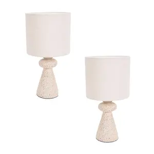 ValueLights Cady Pair of - Natural Cement Effect Bedside Table Lamp with Drum Shade - LED Bulbs Included