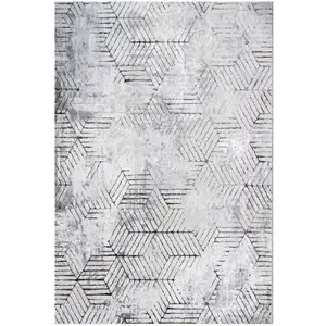 Grey Gold Distressed Abstract Metallic Geometric Living Area Rug 80x150cm