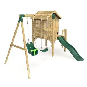 Rebo Orchard 4ft x 4ft Wooden Playhouse with Standard Swing, Baby Swing, 900mm Deck and 6ft Slide - Luna Green